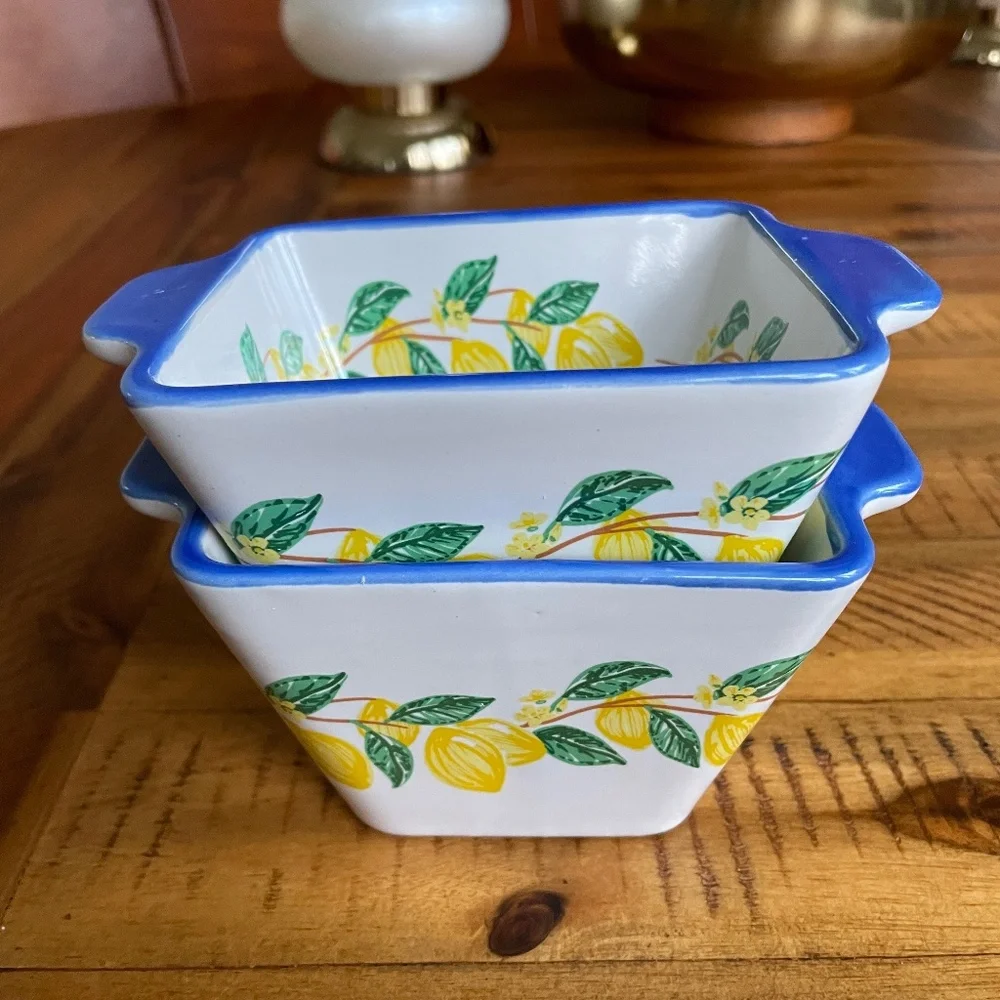 Ceramic Lemon Pattern Rectangular Baking Dishes with Blue Rim - Set of 2